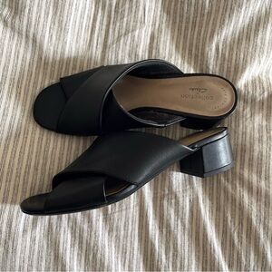 Clarks black slide on heel sandals